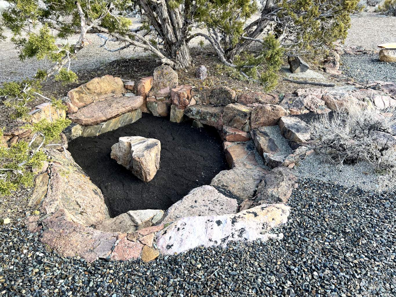 close-up of native rock seating area